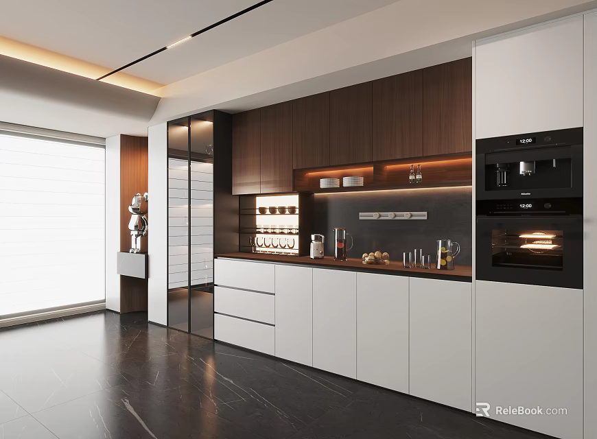 Modern Sideboard With White And Wood Cabinets Countertop Storage Drawers For Kitchen Dining Area 3d model 