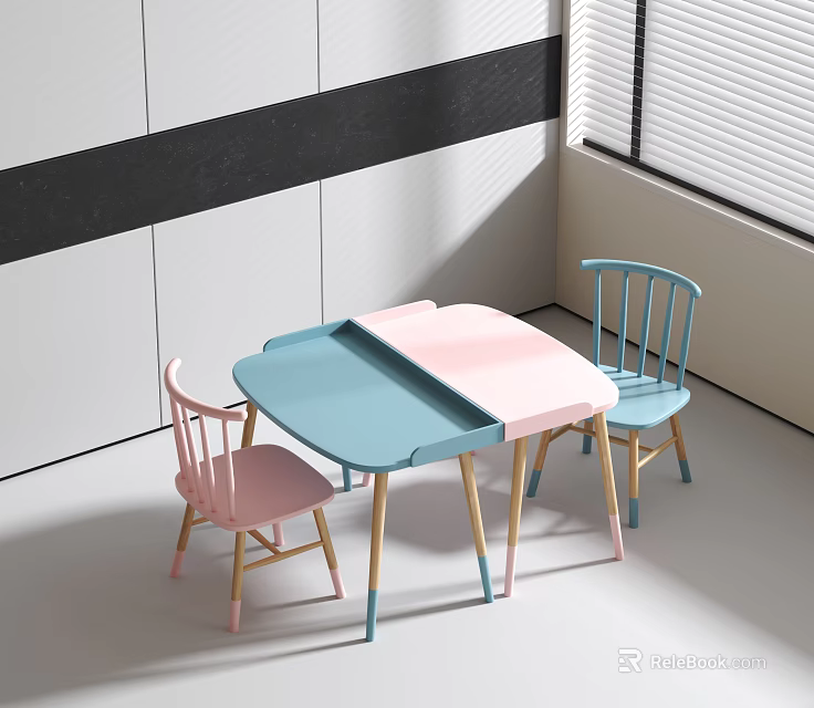 Kids Table With Blue Pink Tabletop Wooden Legs And Matching Chairs In Bright Room 3d model 