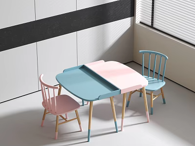 Kids Table With Blue Pink Tabletop Wooden Legs And Matching Chairs In Bright Room 3d model