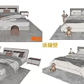 Stylish Modern Double Bed Models With Pillows Blankets Teddy Bear And Nightstand 3d model