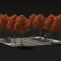 Vibrant Urban Streetscape With Orange Trees Bus Stops And BUS Lane Road