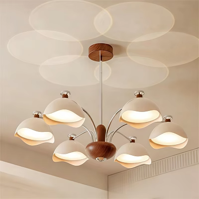 Modern Wooden Chandelier With Elegant White Shades And Multiple Lighting Design 3d model