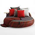 Irregular Shaped Sofa With Woven Design Red Gray Pillows Checkered Blanket And Side Table 3d model