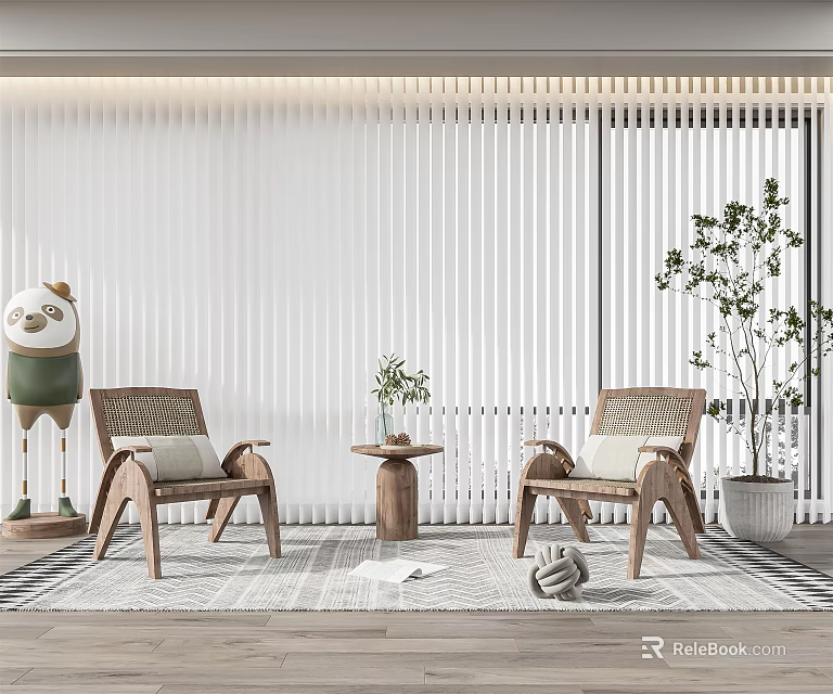 Cozy Wicker Table And Chair Set In Living Area With White Vertical Blinds Potted Plant 3d model 