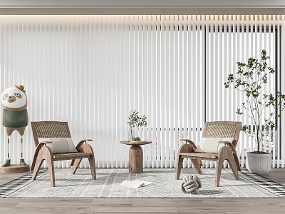 Cozy Wicker Table And Chair Set In Living Area With White Vertical Blinds Potted Plant 3d model
