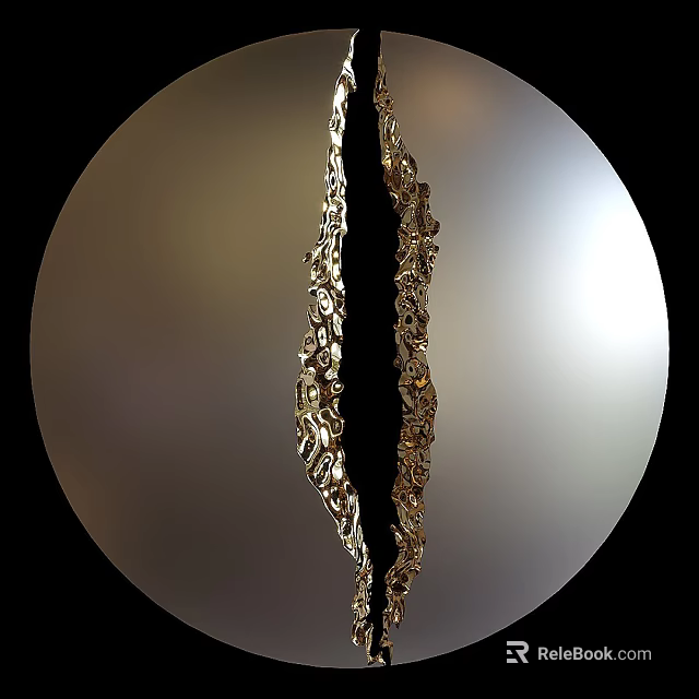 Round Mirror With Vertical Crack In The Middle And Golden Decorative Edges 3d model 