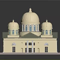 Light Colored Multiple Dome Building Exterior With Green Roof And Windows