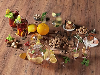 Fresh Iced Summer Drinks With Lemon Orange Walnuts Pastries Spices And Mint 3d model