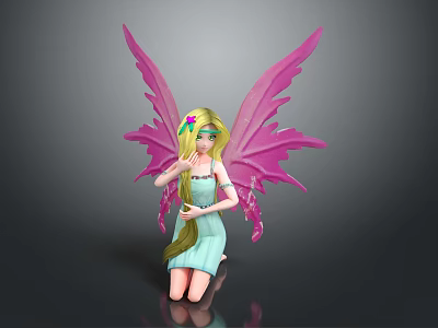 Game Movie Fairy Character With Pink Wings Long Blonde Hair Light Blue Dress Kneeling Pose 3d model
