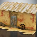 Old Shed Exterior With Corrugated Iron Roof Yellowish Walls Red Patches Wooden Door And Old Wheel