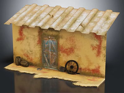 Old Shed Exterior With Corrugated Iron Roof Yellowish Walls Red Patches Wooden Door And Old Wheel 3d model