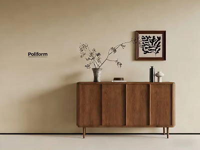 Modern Wooden Entryway Cabinet Sideboard With Vase Flower Branches And Decorative Painting On Beige Wall 3d model