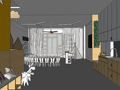 Kindergarten Interior With Colorful Tables Chairs Tent Cloud Decorations Windows And Plants 3d model