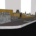 Modern HouBao Building Exterior With Yellow Facade Trees And Waterfront Seating Area