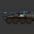 Military Armored Tank With Blue Black Camouflage Pattern And Wheeled Design