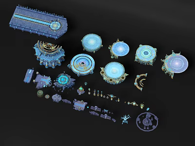 Cartoon Scene Building Components With Round Structures Blue And Gold Decorations 3d model