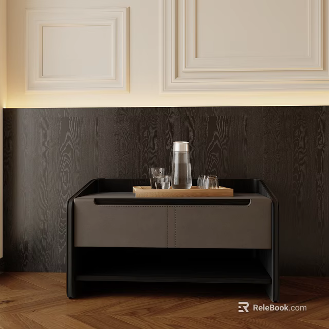 Modern Bedside Table With Drawer Storage Tray Kettle Glasses Warm Lighting Wood Panel Wall 3d model 