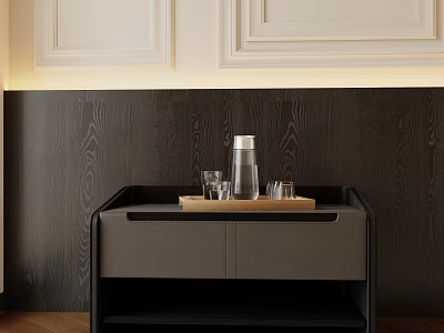 Modern Bedside Table With Drawer Storage Tray Kettle Glasses Warm Lighting Wood Panel Wall 3d model