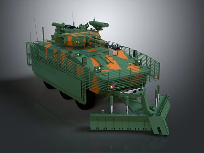 Military Armored Vehicle with Camouflage Paint Turret Protective Cage and Bulldozer Blade 3d model