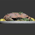 Steamed Crab Served On White Plate With Potatoes Asparagus And Fresh Herbs