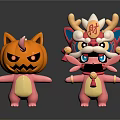 Cute Pink Cartoon Characters With Pumpkin And Lion Dance Inspired Design