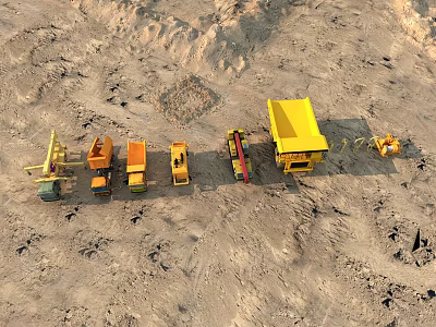 Different Heavy Construction Vehicles Including Dump Truck Excavator On Sandy Terrain 3d model