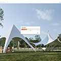 White Outdoor Tents on Green Grass with Trees Cloudy Sky and Wooden Tables