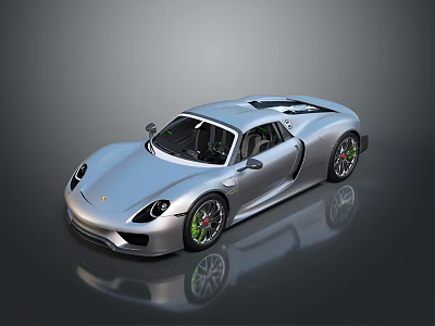 Silver Sleek Sports Car With Green Alloy Wheels On Reflective Surface 3d model