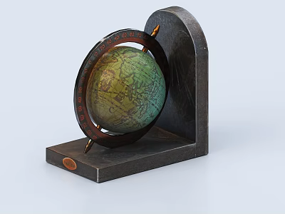 Vintage Decorative Ornament Set With Globe Metal Ring And Black Wooden Base 3d model