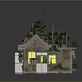 Lush Green House with Multiple Rooftop Plants Windows and Yellow Lights
