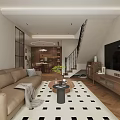 Cozy Modern Living And Dining Room With Natural Wood Furniture And Large Window Sheer Curtains
