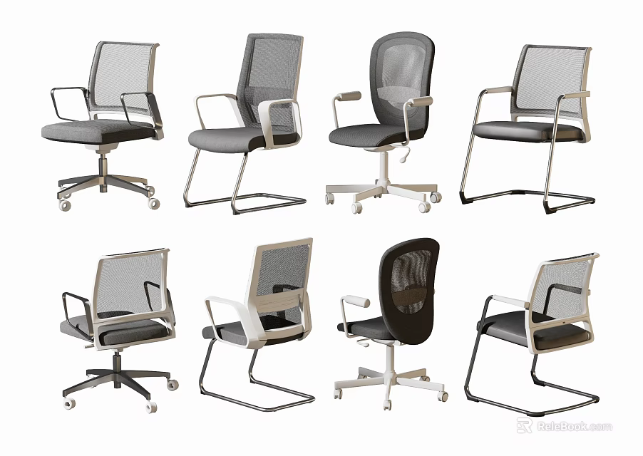 Modern Office Chairs With Mesh Backrests Various Styles Different Bases And Neutral Tones 3d model