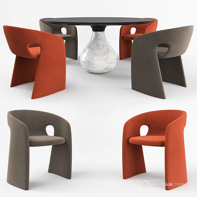 Modern Round Marble Table With Orange And Gray Chairs Set Design 3d model 
