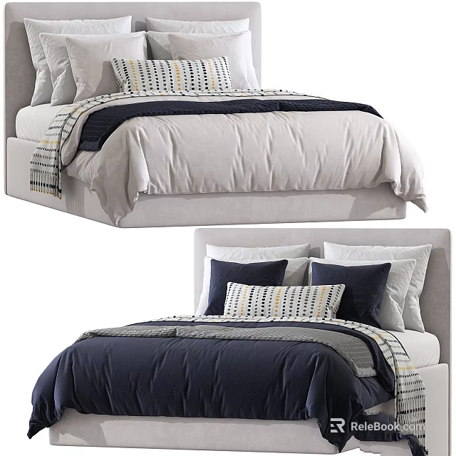Modern Bedroom Bed Setup With Light And Dark Blue Comforter Pillows And Bed Runner 3d model