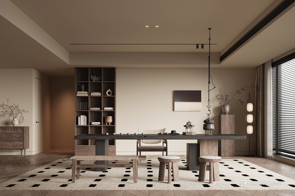 Minimalist Tea Room Interior With Wooden Table Bench Stools Bookshelf Pendant Light And Rug 3d model 