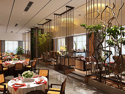 Elegant Modern Restaurant Interior With Metal Branch Partitions Green Plants Red Tablecloths And White Tableware 3d model