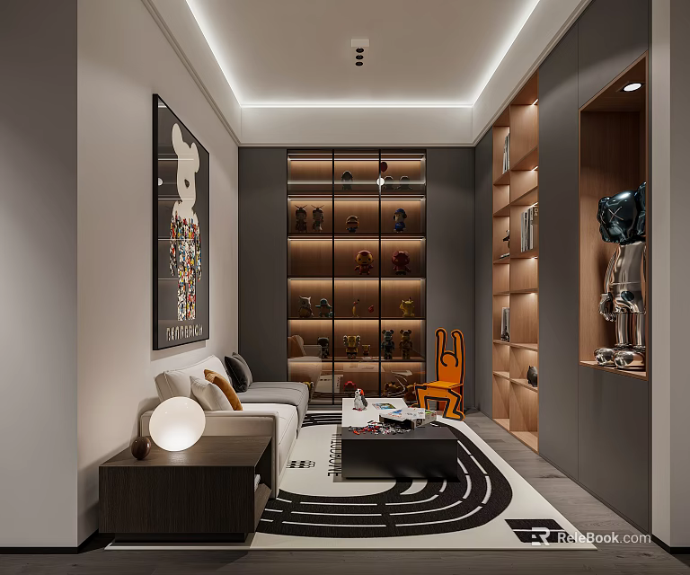 Modern Entertainment Room With Sofa Coffee Table Bookshelves And Decorative Artwork Rug 3d model 