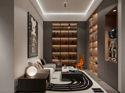 Modern Entertainment Room With Sofa Coffee Table Bookshelves And Decorative Artwork Rug 3d model