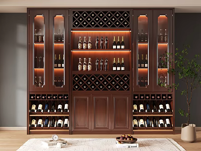 Dark Wooden Wine Cabinet With Multi tiered Design And Glass Doors Displaying Wine Bottles 3d model