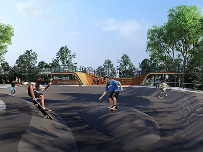Outdoor Skate Park Design With Skateboarders Riding On Curved Ramps Surrounded By Trees 3d model