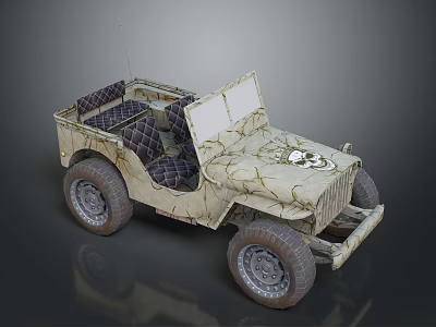 Vintage Off Road Jeep With Camouflage Pattern Open Top And Checkered Seats 3d model