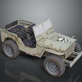 Vintage Off Road Jeep With Camouflage Pattern Open Top And Checkered Seats
