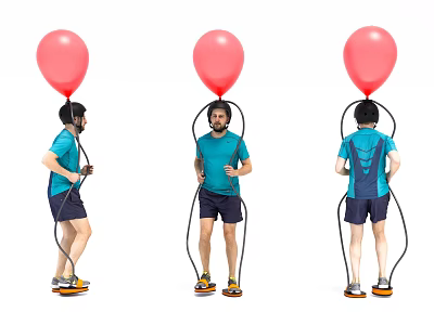 Man Exercising With Red Balloon And Jump Rope In Different Poses 3d model