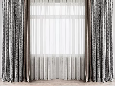 Gray Textured Curtains With Sheer White Panels For Window Interior Design 3d model