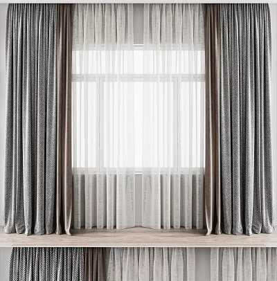 Gray Textured Curtains With Sheer White Panels For Window Interior Design 3d model