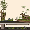 Natural Wood Base Decorative Ornament Set With Green Plants And Small Stones