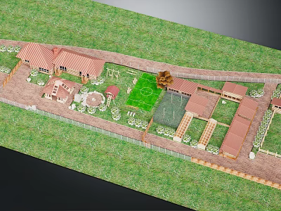 Detailed Yard Model Layout With Buildings Lawn Paths And Fence Design 3d model