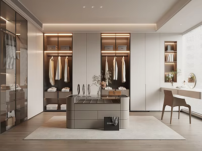 Elegant Modern Walk-in Closet Interior With Hanging Clothes Dressing Table Chair And Bookshelf Mirror 3d model
