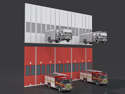 Fire Trucks Parked In Red And White Fire Station Garage Buildings 3d model
