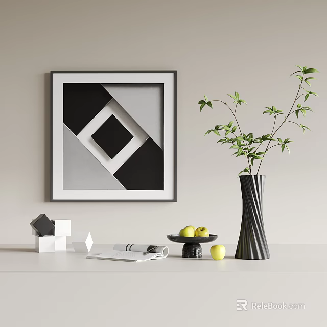 Modern Minimalist Decorative Ornament Combination With Geometric Painting Vase Green Plant Fruits And Books 3d model 